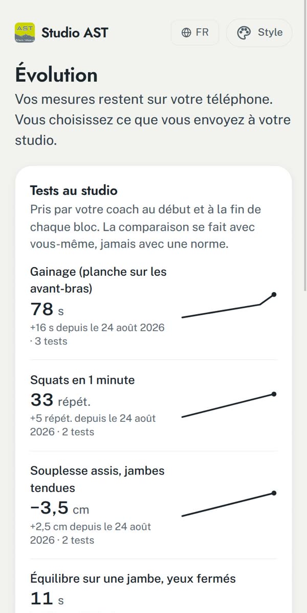 Les tests au studio d’une cliente : gainage, squats, souplesse, équilibre